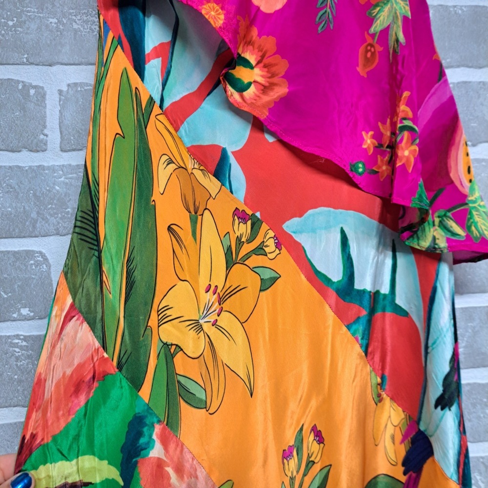 Farm Rio Ruffled Floral Print Satin Crepe De Chine Midi Dress Size Small - Picture 14 of 16
